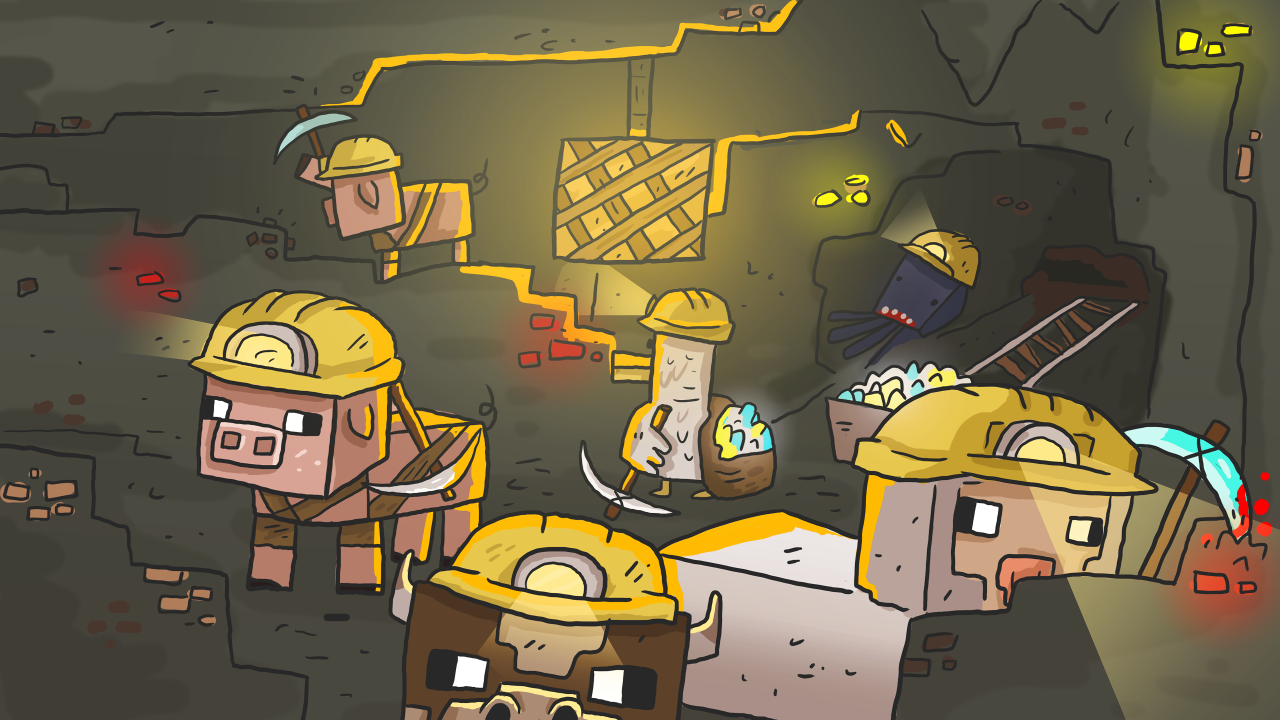 2560x1440 Minecraft Draw Dungeon Wallpaper With A Mining Sheep, Cow, Squid - Minecraft Squid Drawing