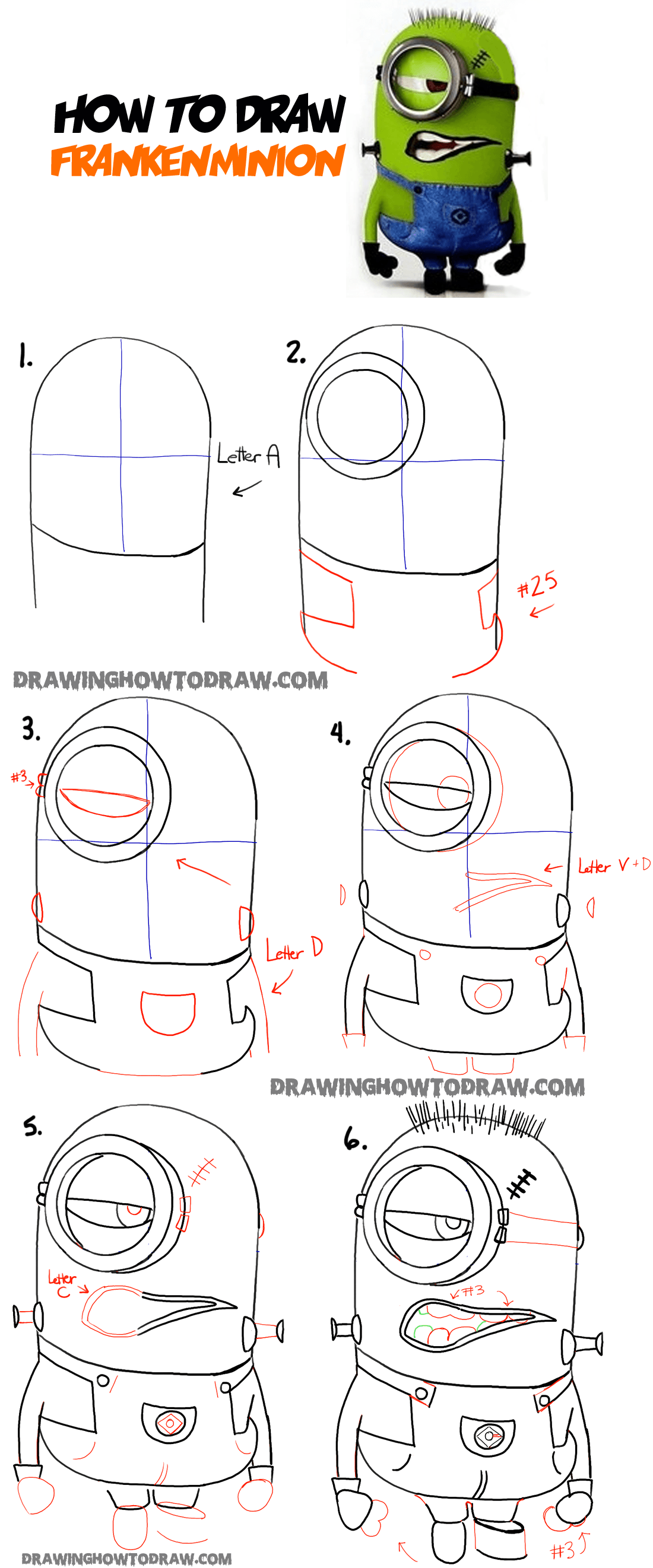 1100x2643 how to draw stuart the minion as frankenstein from despicable me - Minion Drawing Step By Step