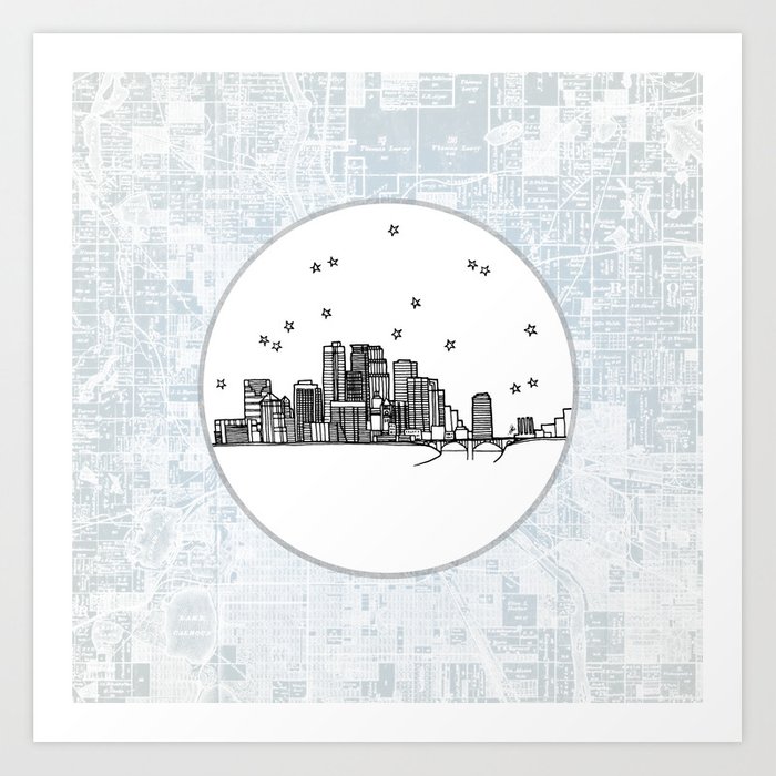 700x700 Minneapolis, Minnesota City Skyline Illustration Drawing Art Print - Minneapolis Skyline Drawing