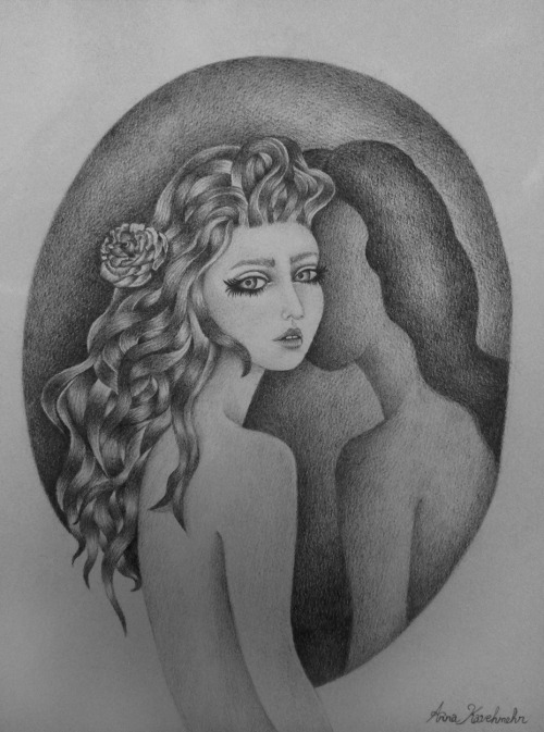 500x673 Drawing Illustration Art Girl Black And White Pencil Bampw Mirror - Mirror Reflection Drawing