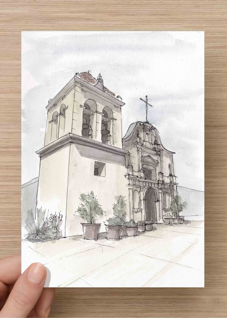 794x1112 ink and watercolor drawing of san carlos borromeo mission in etsy - Mission Drawing