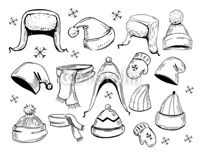 400x307 set of hats, scarves, mittens hand drawn illustration converted - Mittens Drawing