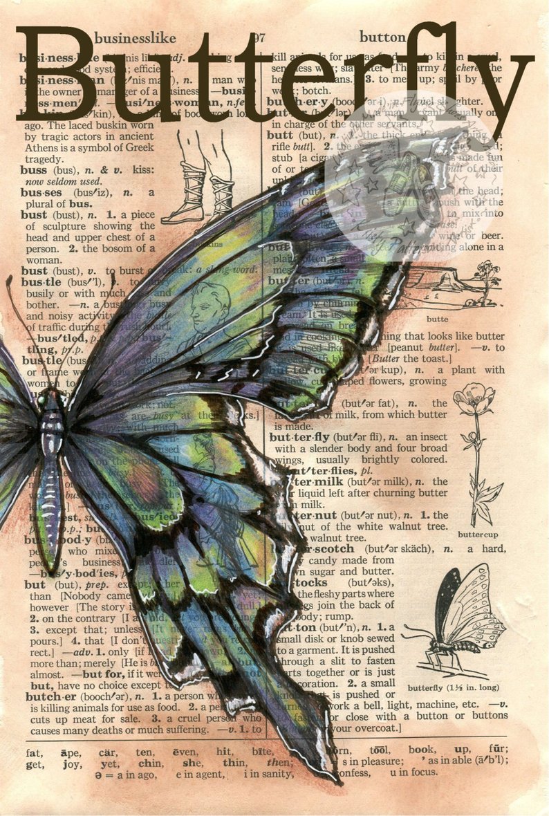 794x1180 Print Blue Green Butterfly Mixed Media Drawing On Etsy - Mixed Media Drawing