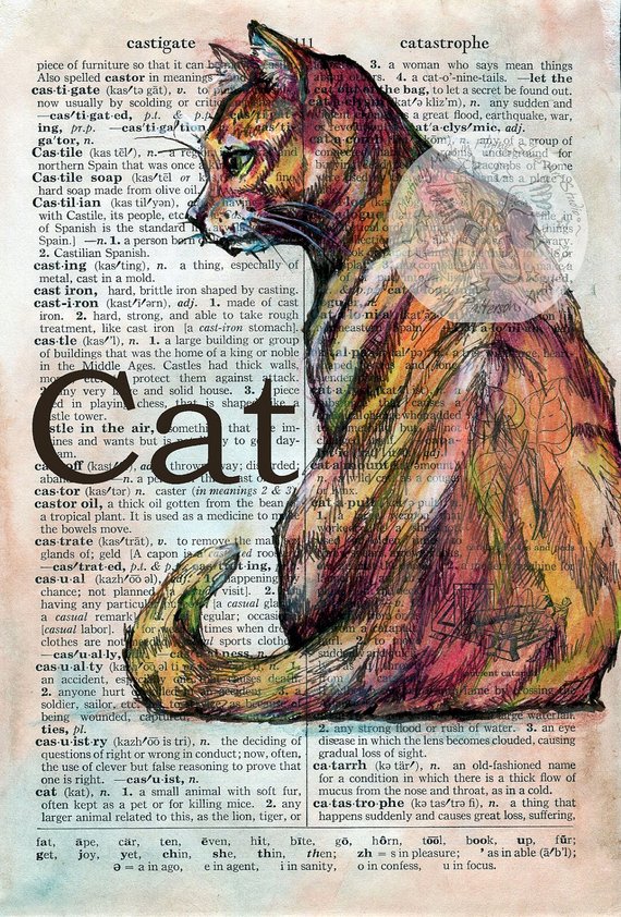 570x842 Print Cat Mixed Media Drawing On Distressed Dictionary - Mixed Media Drawing