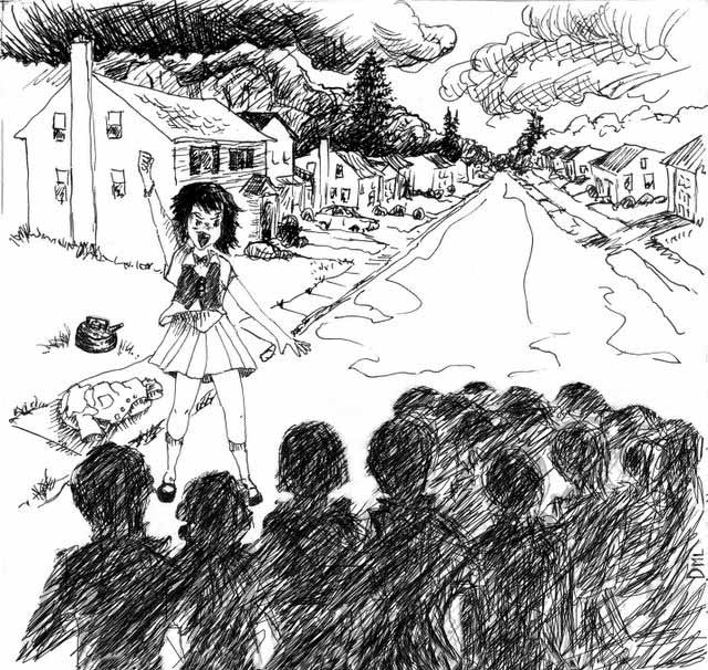 640x606 ink pen drawing of mob of kids for wnwg presents - Mob Drawing