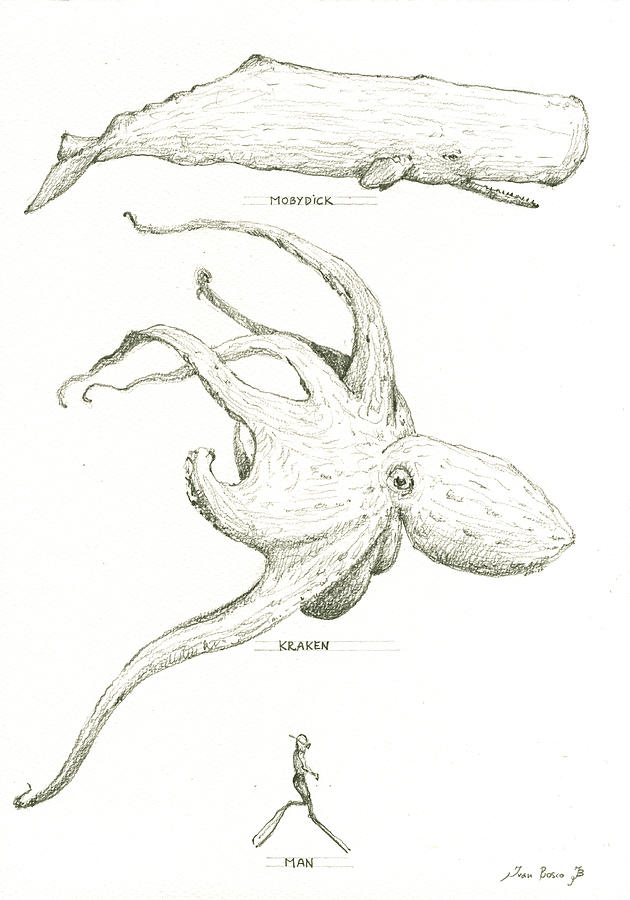 630x900 sea monsters, kraken and moby dick painting - Moby Dick Drawing