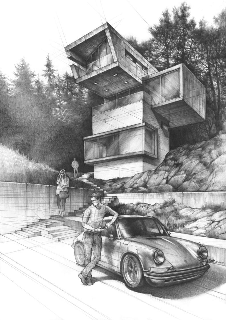 794x1124 house drawing original pencil artwork architecture art etsy - Modern Architecture Drawing