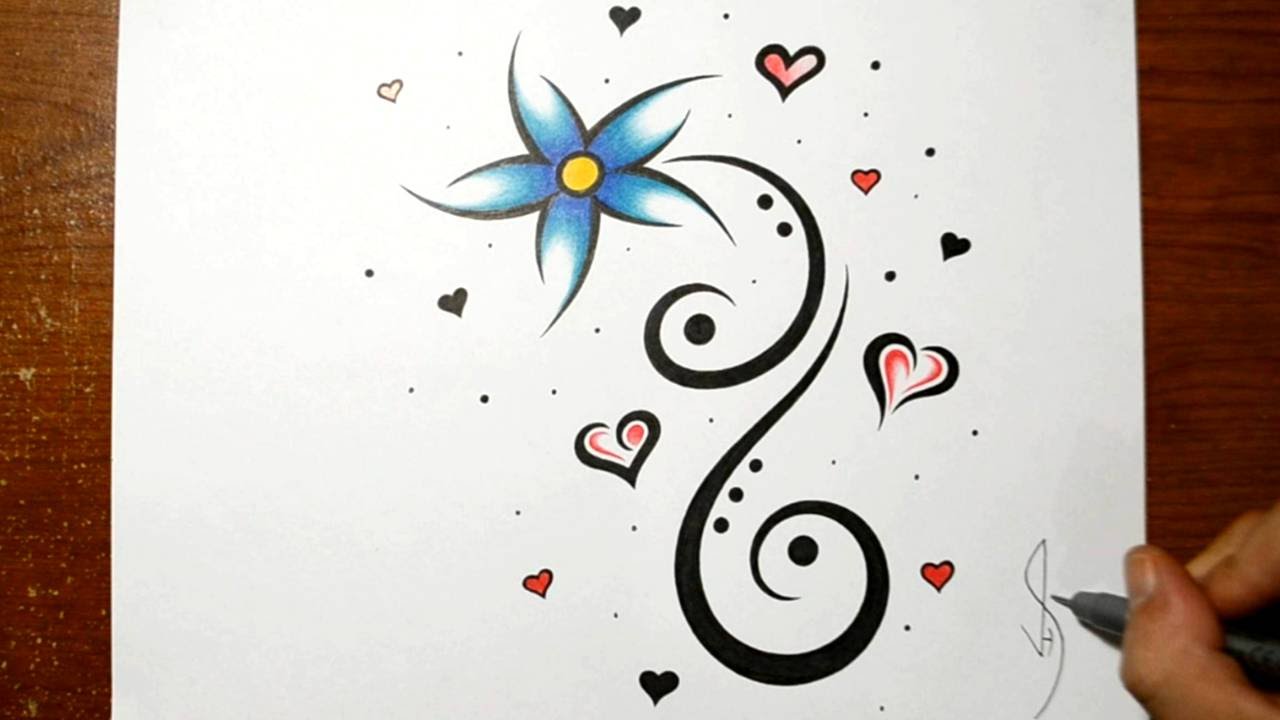 1280x720 Designing A Cool Flower Tattoo Design With Hearts - Modern Flower Drawing