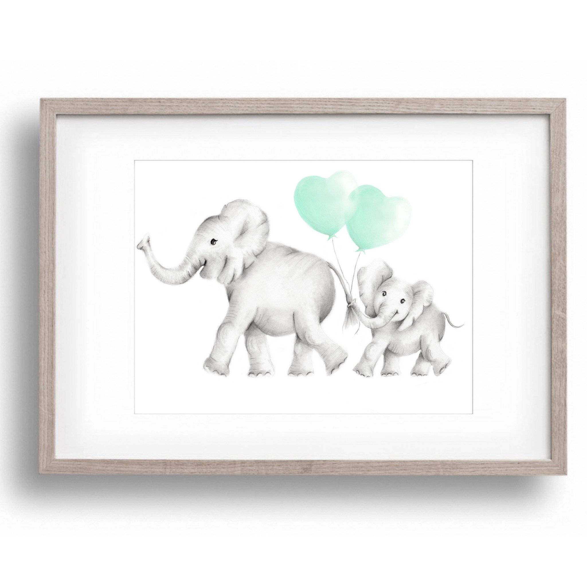 2048x2048 mother and baby elephant with balloons print - Mom And Baby Elephant Drawing