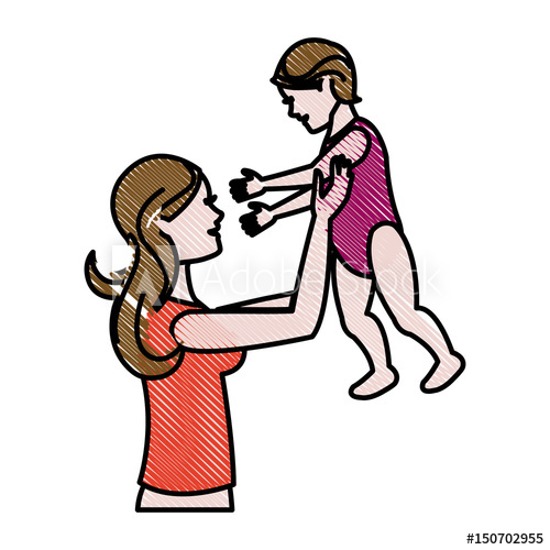 500x500 Drawing Mom Holding Baby Playing Image Vector Illustration - Mom Holding Baby Drawing