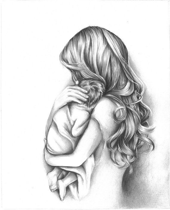 570x704 mother daughter drawings pencil moment mother holding child - Moment Drawing
