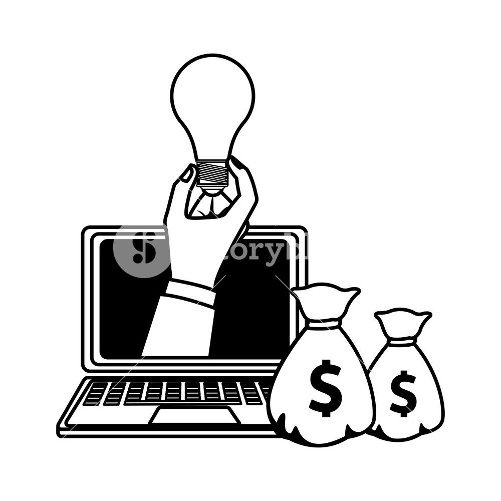 1000x1000 laptop financial icon arm with light bulb and money bag drawing - Money Bag Drawing