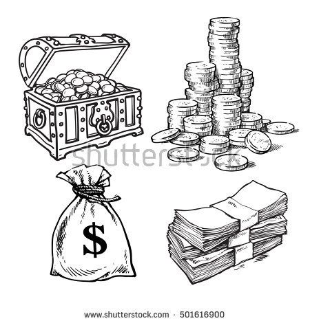 450x470 Sketch Style Collection Of Money Symbols Old Chest With Treasures - Money Symbol Drawing