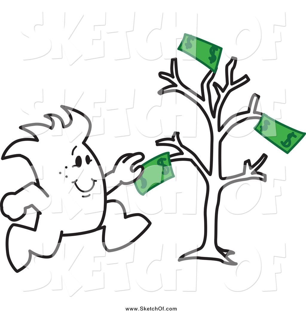 1024x1044 drawing of a squiggle sketch guy grabbing cash from a money tree - Money Tree Drawing