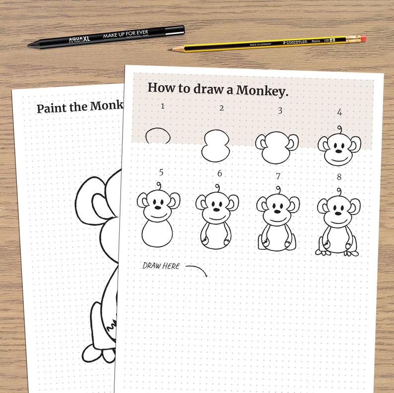 794x793 How To Draw A Monkey Drawing For Kids Printable Pdf Digital Etsy - Monkey Drawing For Kids