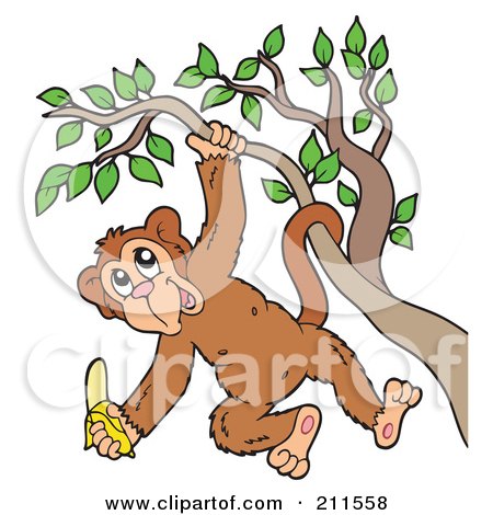 450x470 Happy Monkey Hanging From A Tree With A Banana Posters, Art Prints - Monkey Hanging From Tree Drawing