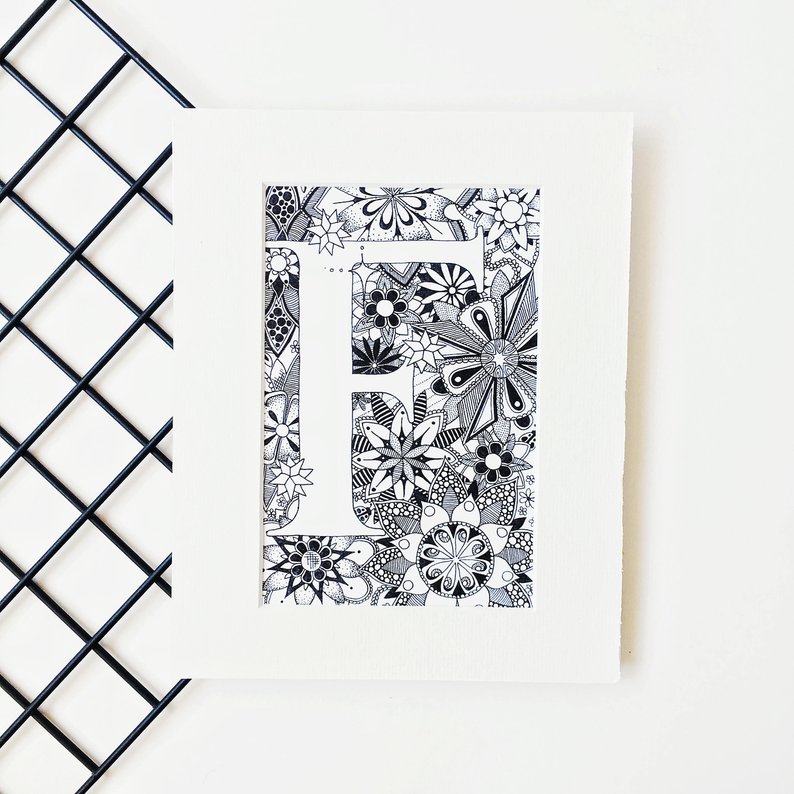 794x794 zentangle letter typography drawing letter f art monogram etsy - Monogram Drawing