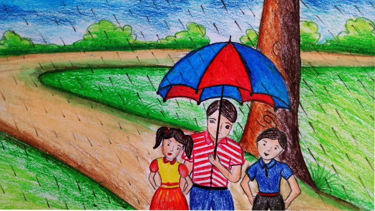 1280x720 How To Draw Rainy Season Scenery For Kids Step - Monsoon Drawing