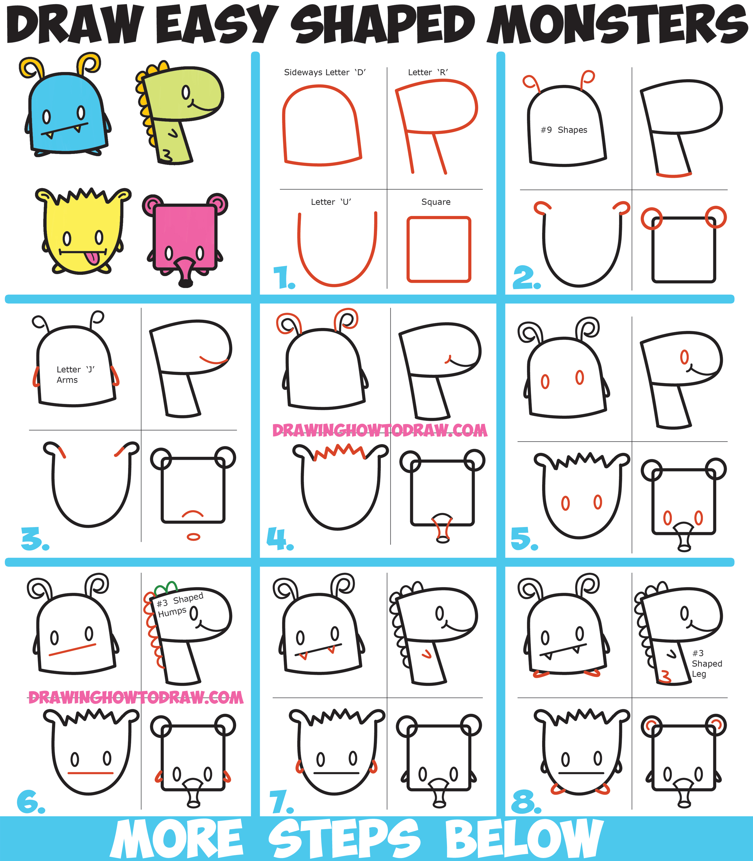 2500x2859 how to draw cute cartoon monsters from simple shapes, letters - Monster Drawing For Kids
