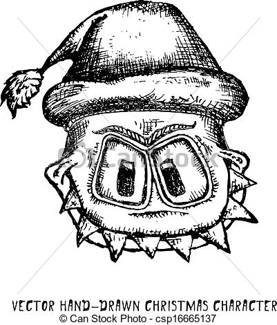 401x470 Vector Monster Face Character In Santa Red Hat Doodle Style - Monster Face Drawing