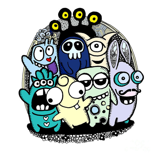 600x600 Hand Drawn Hipster Doodle Monster Collage Background Art Print - Monster Hand Drawing