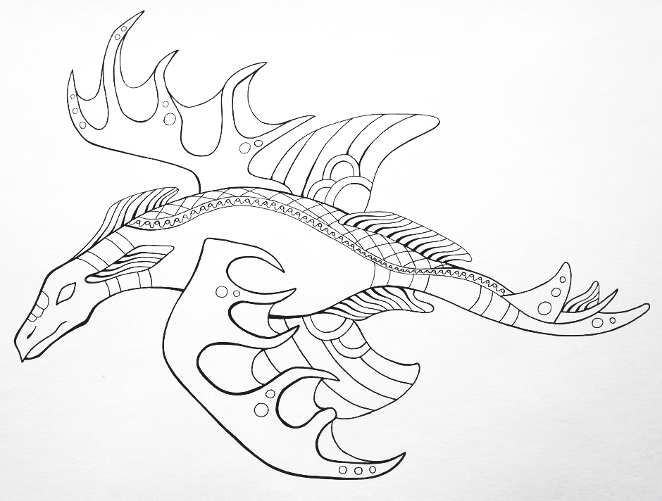 940x712 creature lineart sea monster for free download - Monster Line Drawing