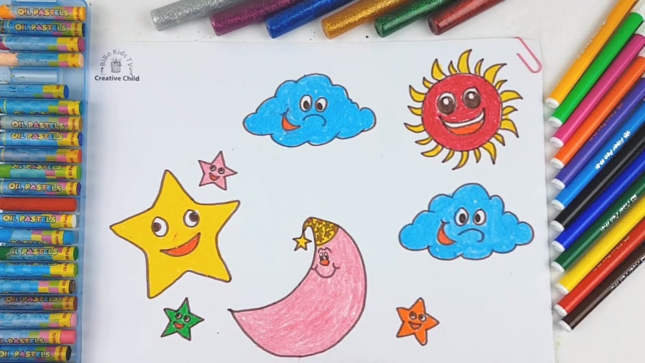 1280x720 How To Draw Moon, Sun, Star For Kids Coloring Pages For Children - Moon And Stars Drawing