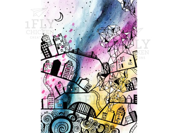 570x428 watercolor city painting print abstract cityscape drawing etsy - Moon And Stars Drawing