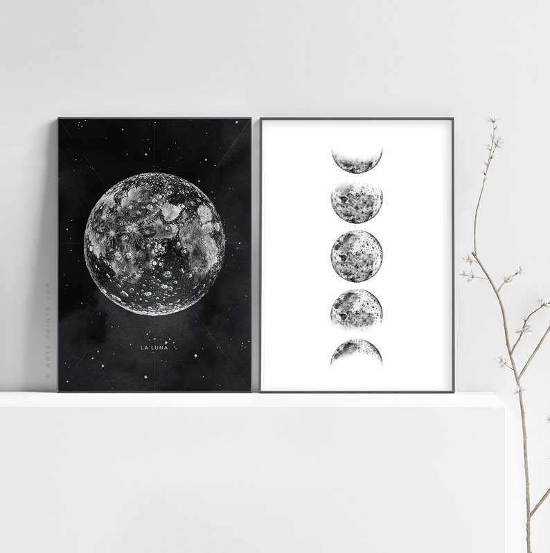 794x798 moon prints moon phases wall art set of pencil drawing moon etsy - Moon Art Drawing
