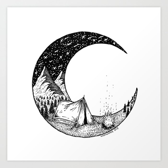 700x700 camping on the moon art print - Moon Art Drawing