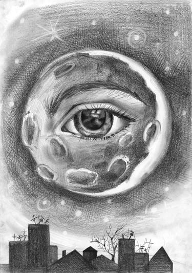 375x533 Night City, Moon And A Realistic Eye Drawing - Moon Drawing