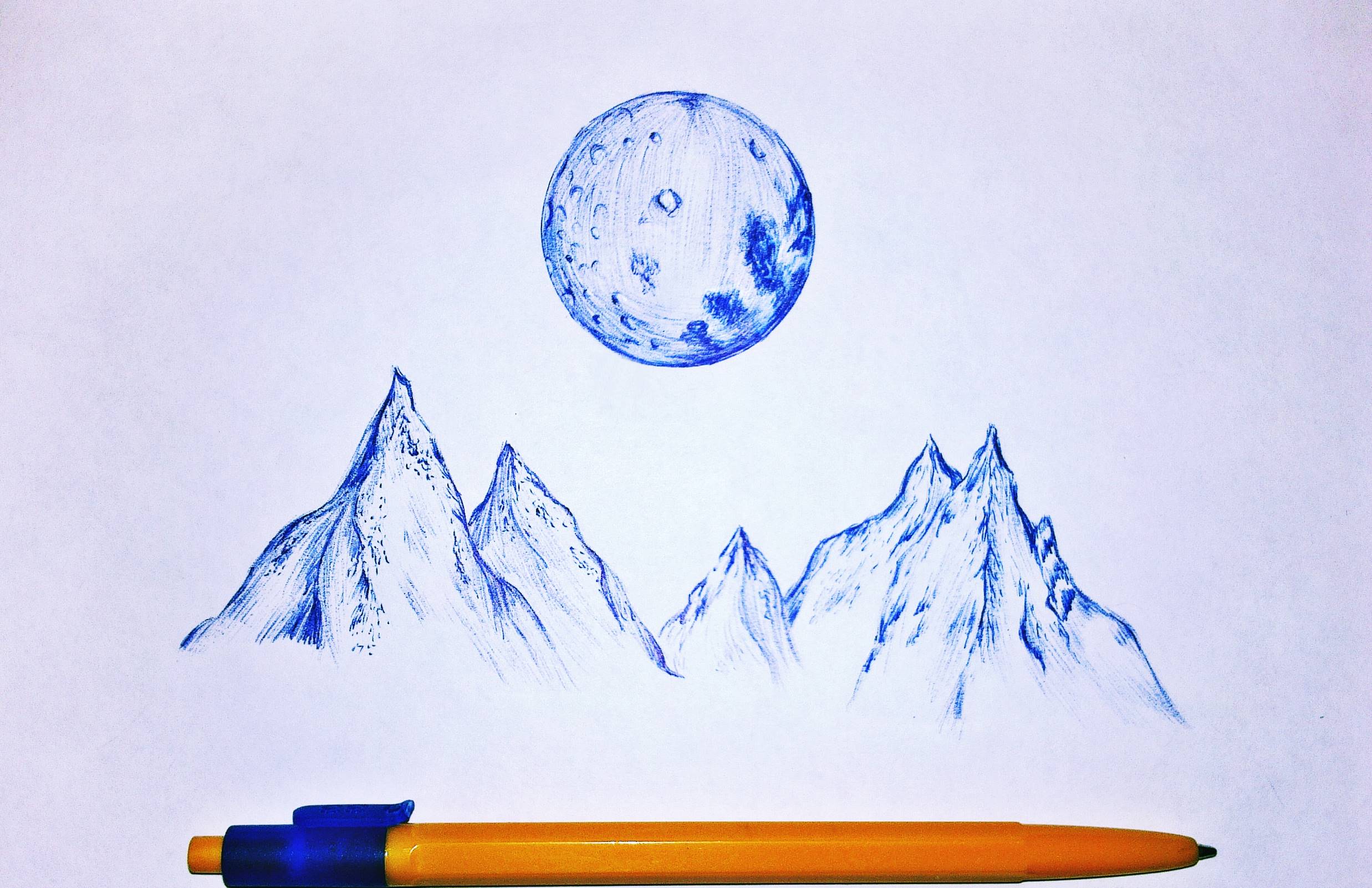 2475x1602 Snowy Mountain And Moon Drawing - Moon Drawing