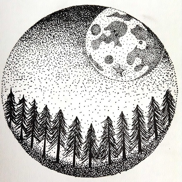 610x610 dotwork moon and forest in circle tattoo design - Moon Drawing Tattoo