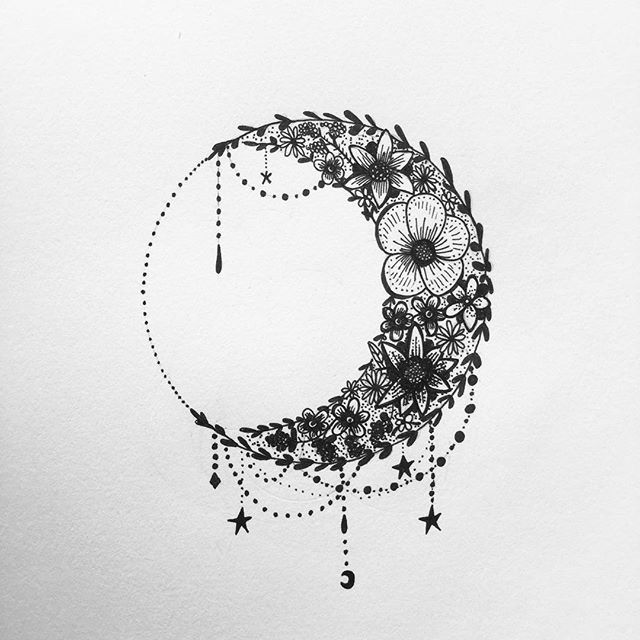 640x640 Half Floral Moon Tattoo Design - Moon Drawing Tattoo