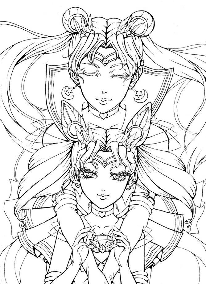 668x920 sailor moon and sailor chibi moon lineart, an art print - Moon Line Drawing
