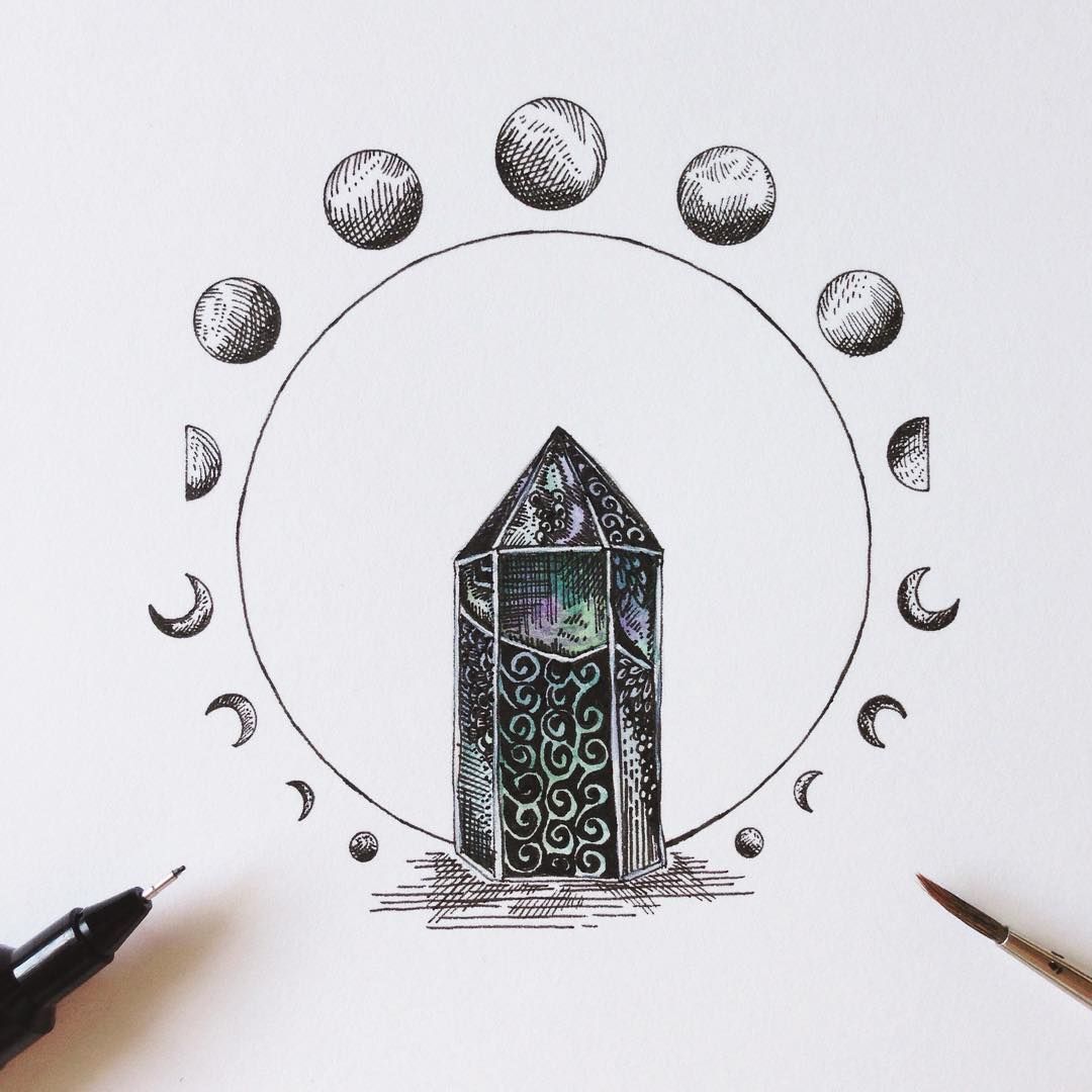1080x1080 Phasing Moon Crystal Watercolour And Pen Drawing Please Get - Moon Pen Drawing