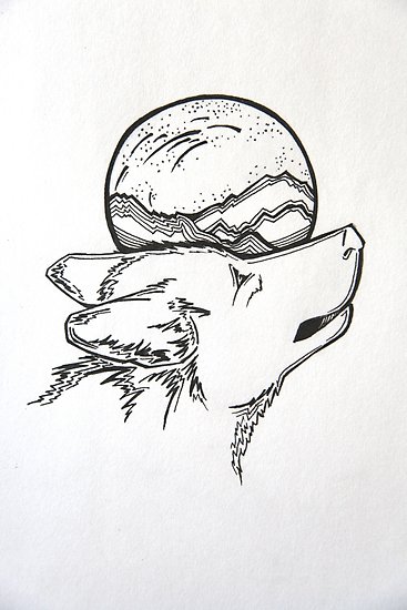 367x550 wolf and moon pen and ink posters - Moon Pen Drawing