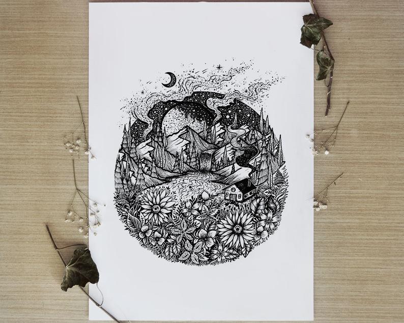 794x635 Cabin Scenery Pen Drawing Moon Night Nature Flowers Etsy - Moon Pen Drawing