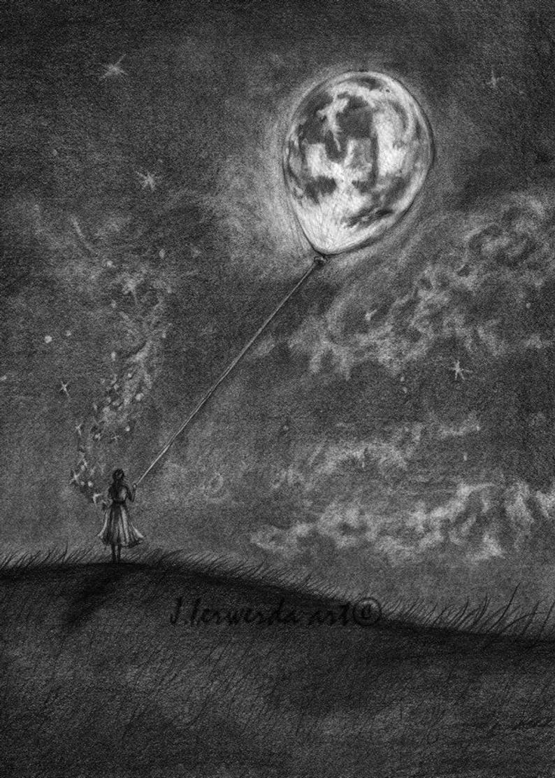 794x1112 pencil drawing print moon on a string day etsy - Moon Pencil Drawing