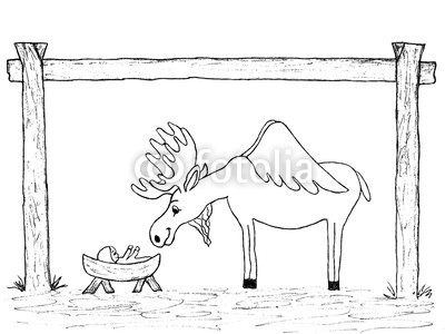 400x300 Hand Drawn Outline Moose With Wings And Baby In Manger Scene Buy - Moose Drawing Outline