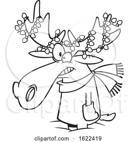 450x470 Clipart Of A Cartoon Outline Christmas Moose With Lights - Moose Drawing Outline