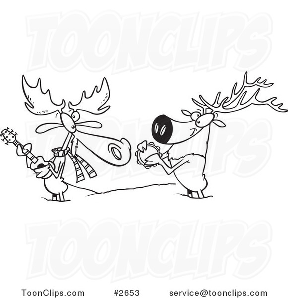 581x600 Cartoon Black And White Line Drawing Of A Moose And Elk Jamming - Moose Line Drawing