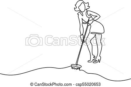 450x300 continuous line drawing young woman washes floor with mop vector - Mop Drawing
