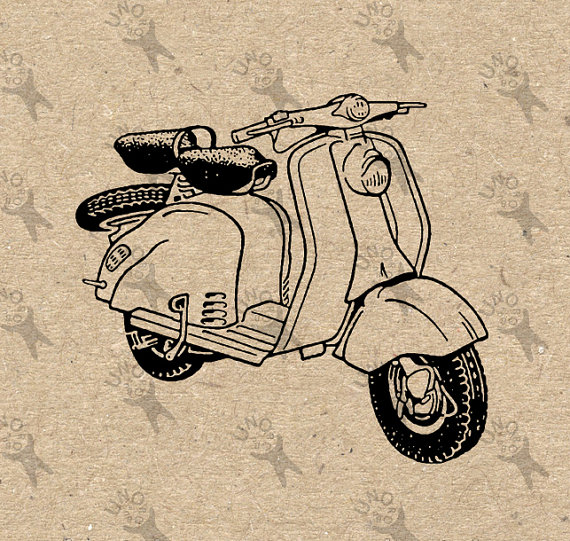 570x541 Retro Drawing Moped Vespa Scooter Vintage Instant Download Digital - Moped Drawing