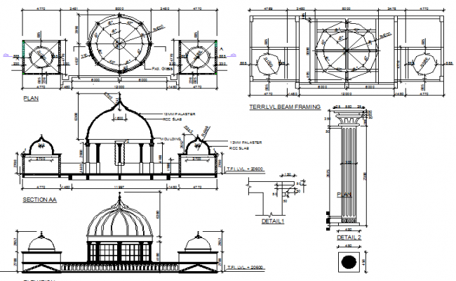 650x400 dome construction details with section and elevation of mosque - Mosque Design Drawing