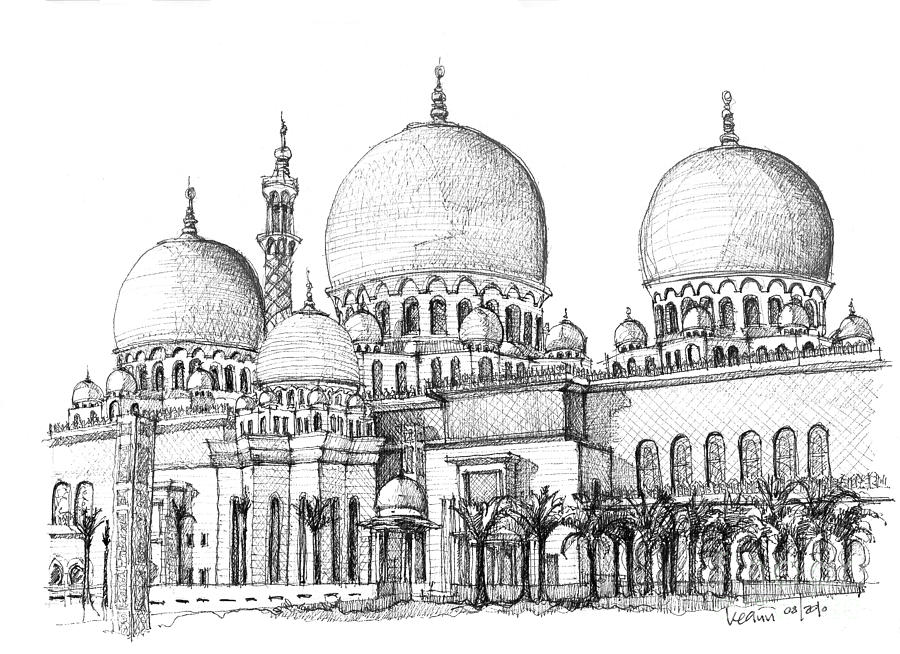 900x654 abu dhabi masjid in ink drawing - Mosque Design Drawing