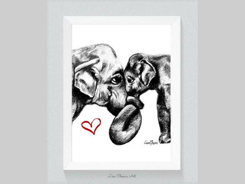 794x596 Buy Get Free Mother And Baby Elephant Love Heart Print Etsy - Mother And Baby Elephant Drawing