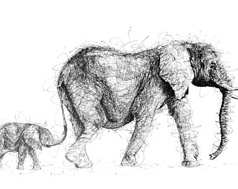 340x270 Elephant Drawing Etsy - Mother And Baby Elephant Drawing