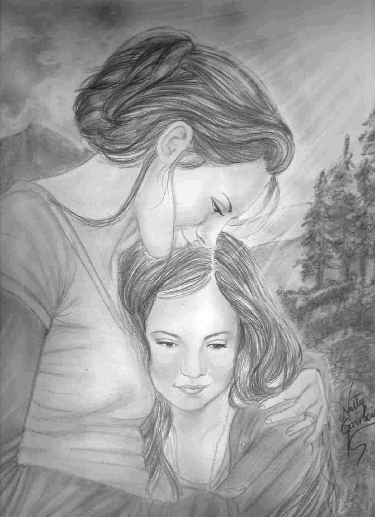 Pencil Sketch Mother And Daughter ~ Artwork Modern Mother Daughter