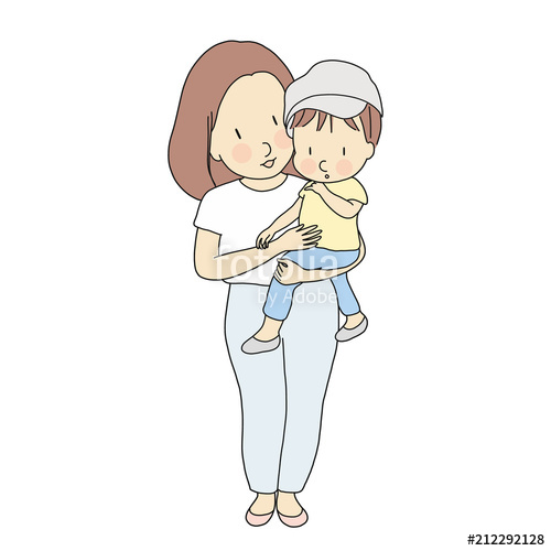 500x500 vector illustration of happy mom holding little kid family, happy - Mother Cartoon Drawing